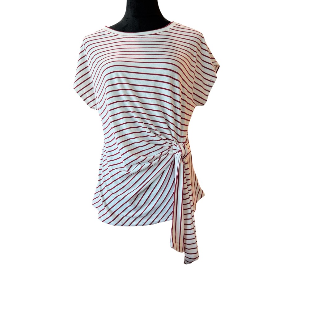Notations Womens Side Tie Knot Striped Short Sleeve Top Burgundy White CSU3617 L